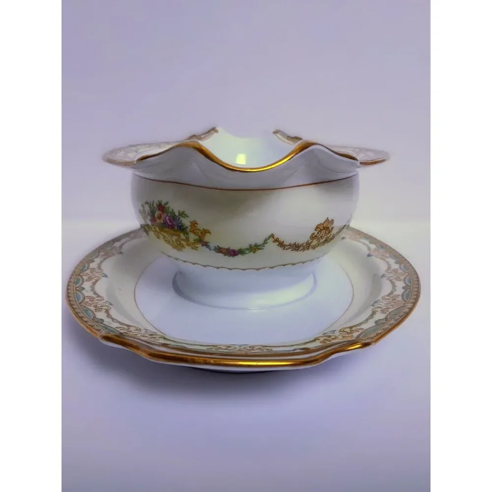 Vintage 30s Noritake Ashley Pattern Gravy Boat w Attached Underplate Fine China